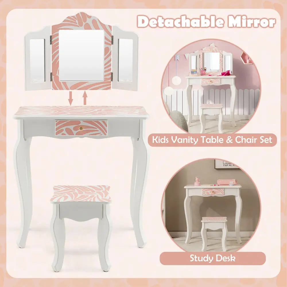 2-in-1 Kids Vanity Table Set with Tri-Folding Mirror-Pink - Pink - Kids Vanities