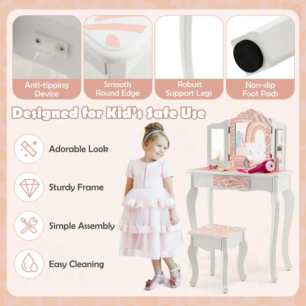 2-in-1 Kids Vanity Table Set with Tri-Folding Mirror-Pink - Pink - Kids Vanities