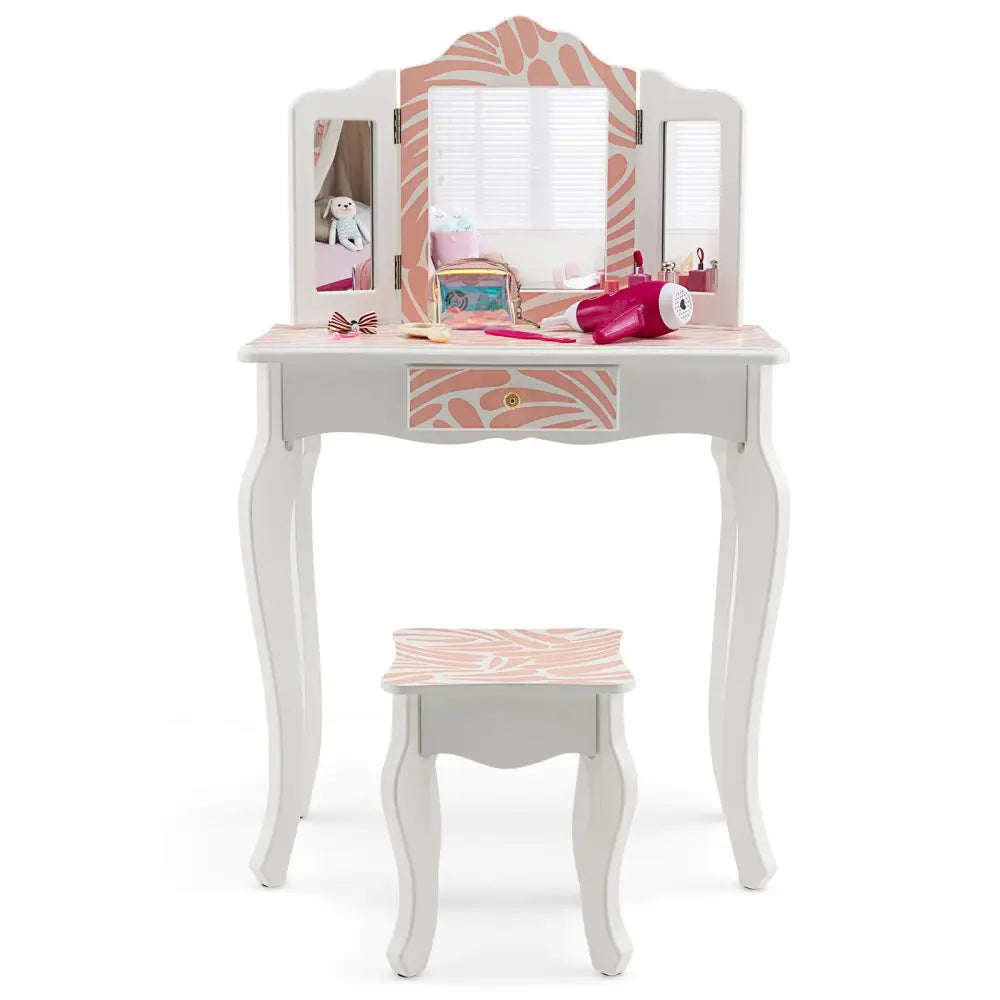 2-in-1 Kids Vanity Table Set with Tri-Folding Mirror-Pink - Pink - Kids Vanities