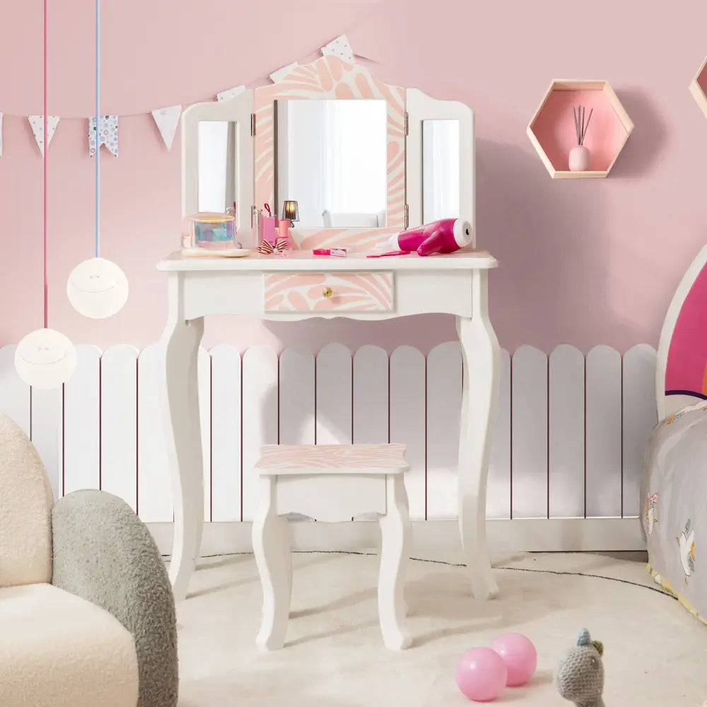 2-in-1 Kids Vanity Table Set with Tri-Folding Mirror-Pink - Pink - Kids Vanities