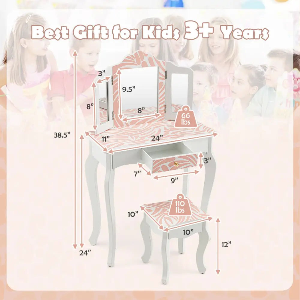 2-in-1 Kids Vanity Table Set with Tri-Folding Mirror-Pink - Pink - Kids Vanities