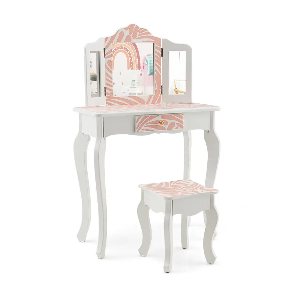 2-in-1 Kids Vanity Table Set with Tri-Folding Mirror-Pink - Pink - Kids Vanities