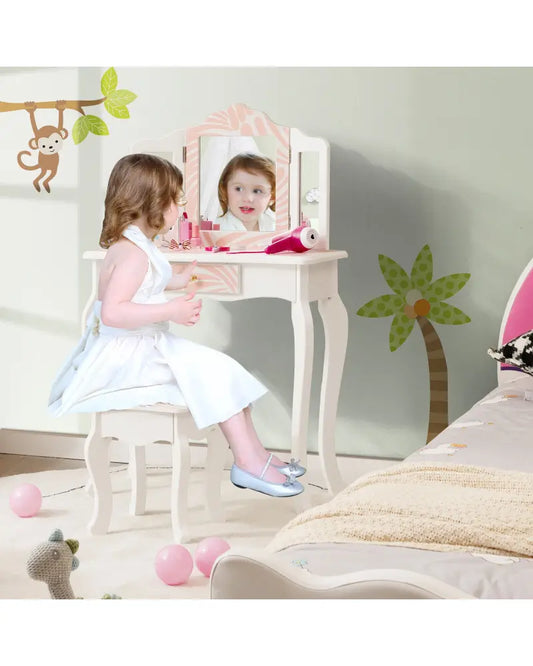 2-in-1 Kids Vanity Table Set with Tri-Folding Mirror-Pink - Pink - Kids Vanities