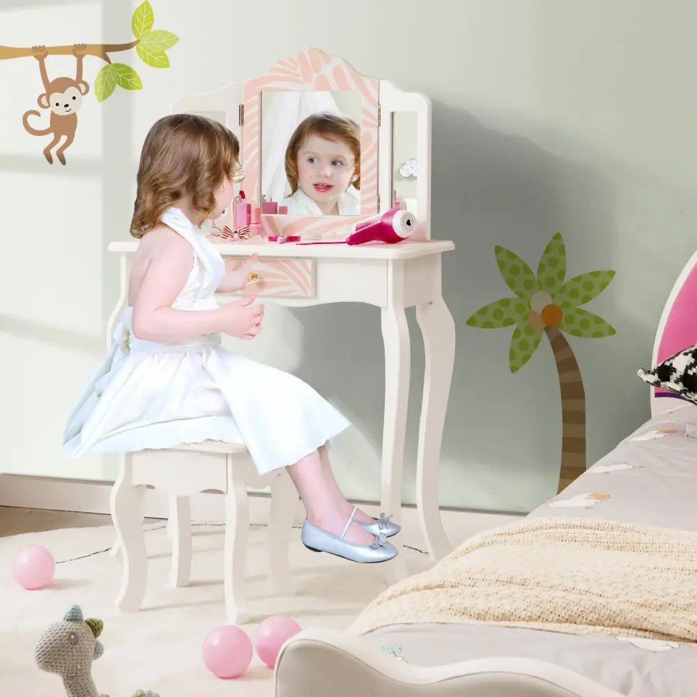 2-in-1 Kids Vanity Table Set with Tri-Folding Mirror-Pink - Pink - Kids Vanities