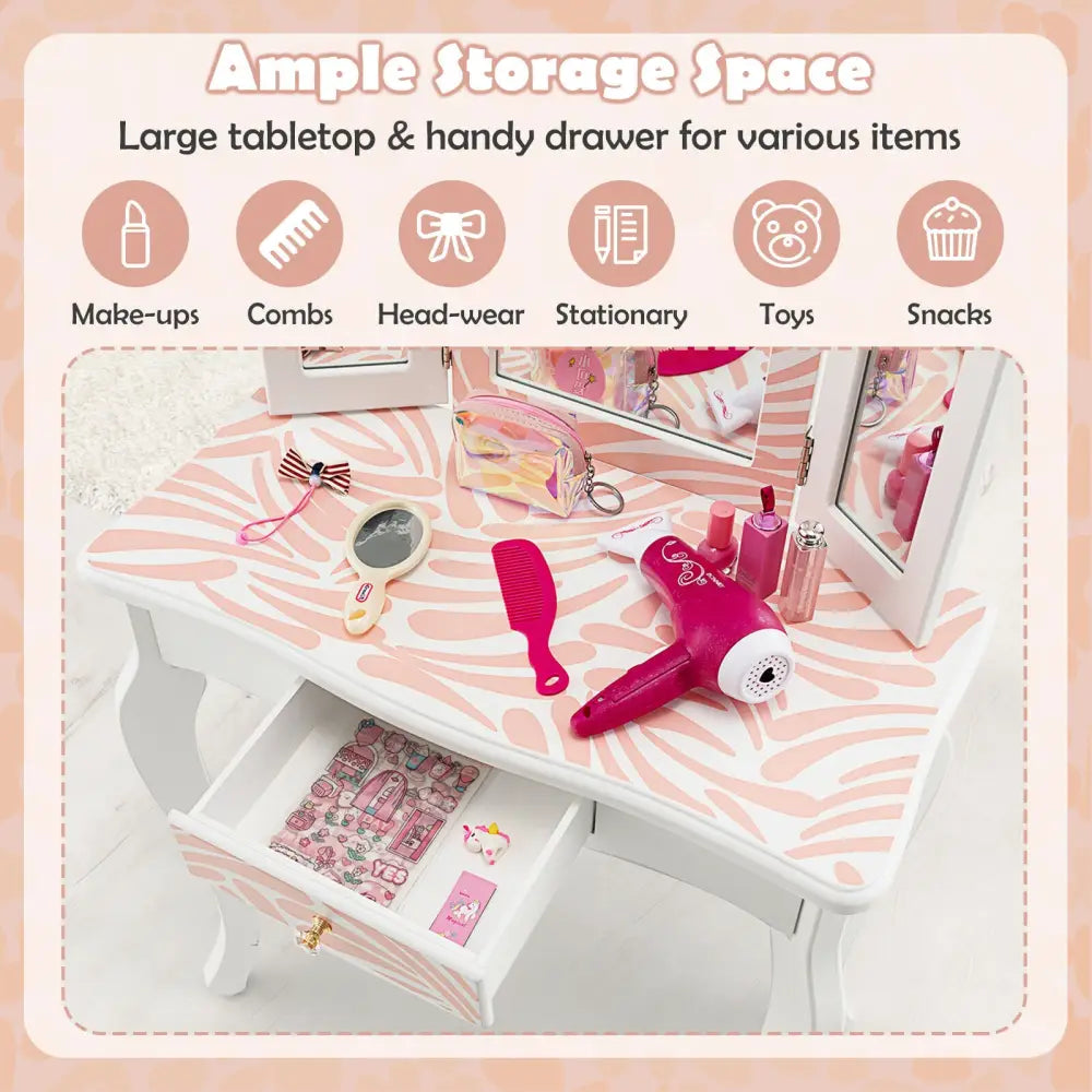 2-in-1 Kids Vanity Table Set with Tri-Folding Mirror-Pink - Pink - Kids Vanities