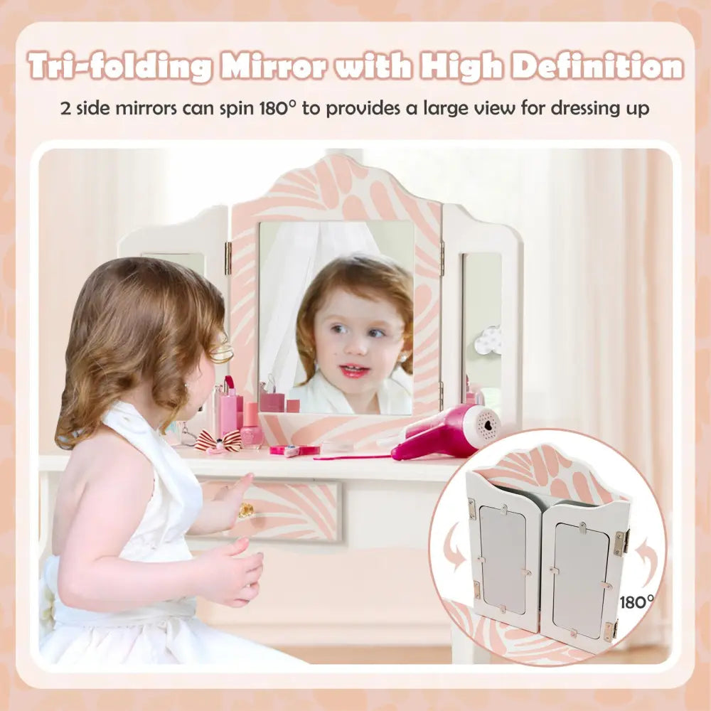 2-in-1 Kids Vanity Table Set with Tri-Folding Mirror-Pink - Pink - Kids Vanities