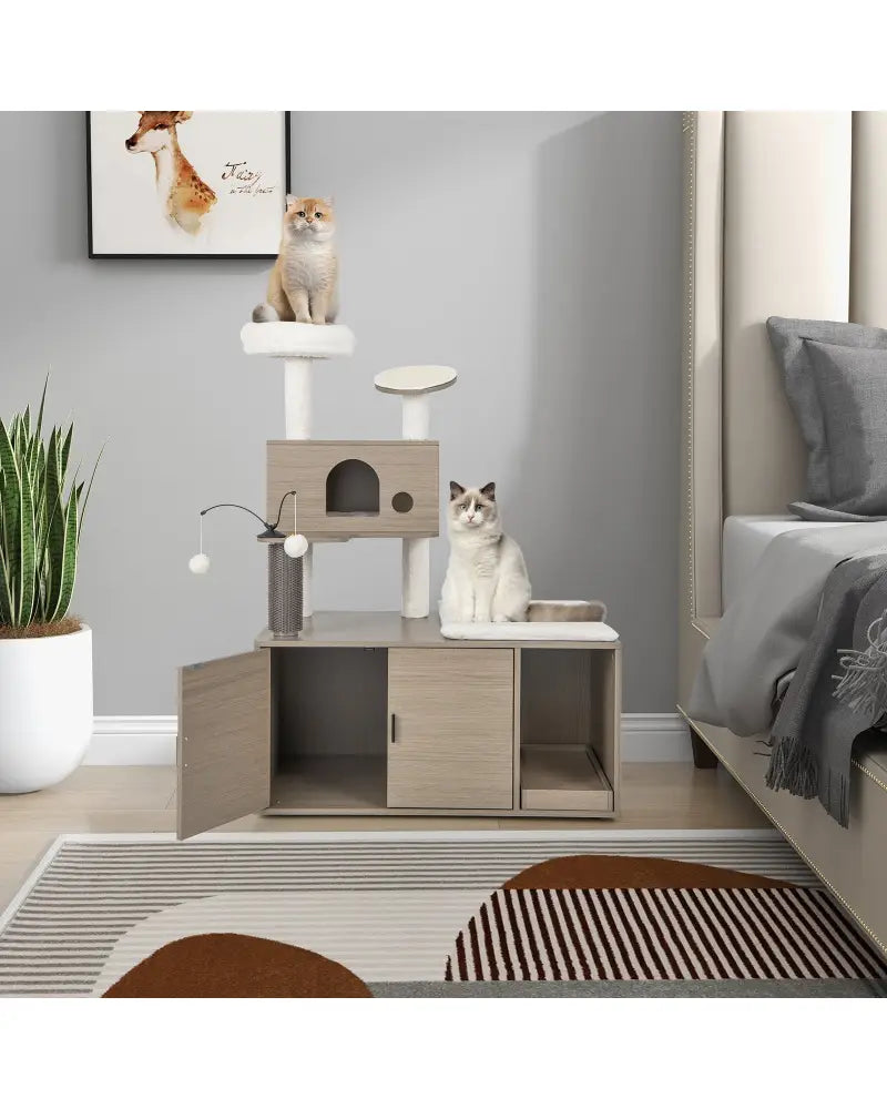 2-in-1 Modern Cat Tower with Litter Box Enclosure for Indoor Cars-Gray - Gray - Cat Trees Condos & Scratchers