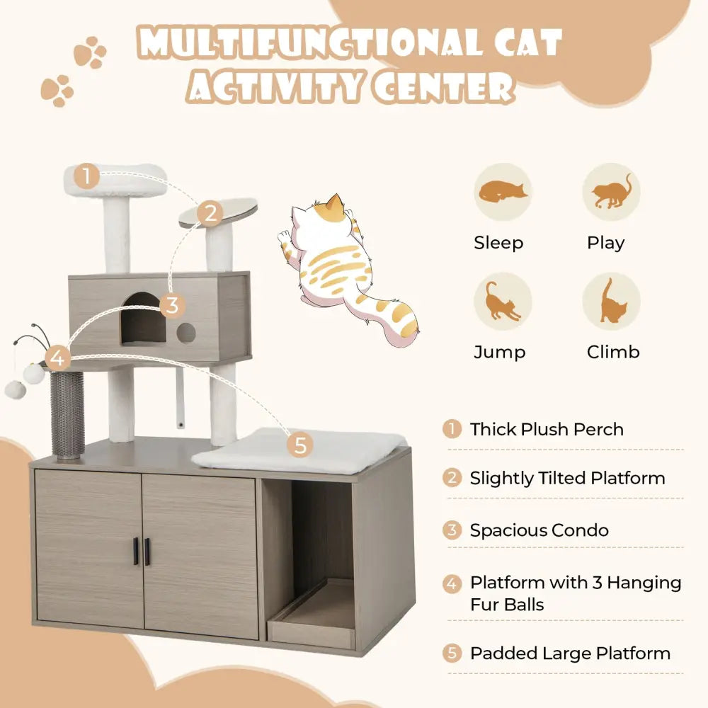 2-in-1 Modern Cat Tower with Litter Box Enclosure for Indoor Cars-Gray - Gray - Cat Trees Condos & Scratchers