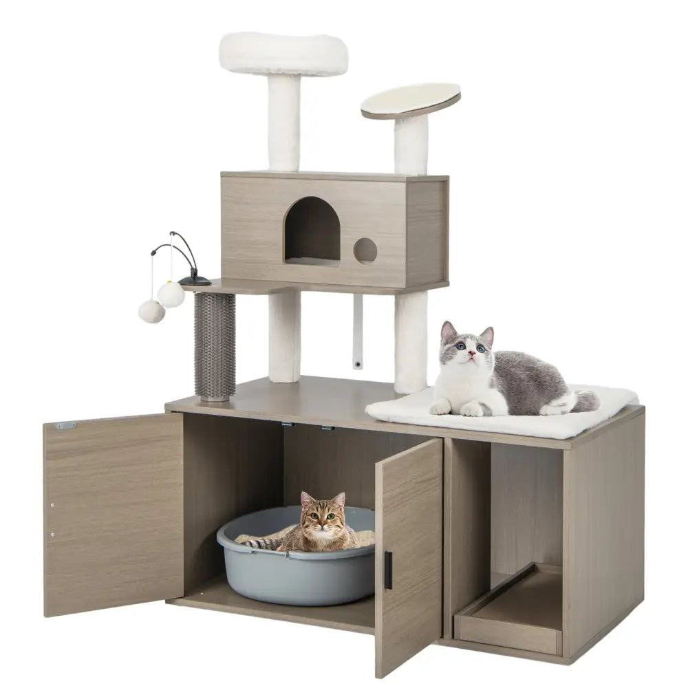 2-in-1 Modern Cat Tower with Litter Box Enclosure for Indoor Cars-Gray - Gray - Cat Trees Condos & Scratchers