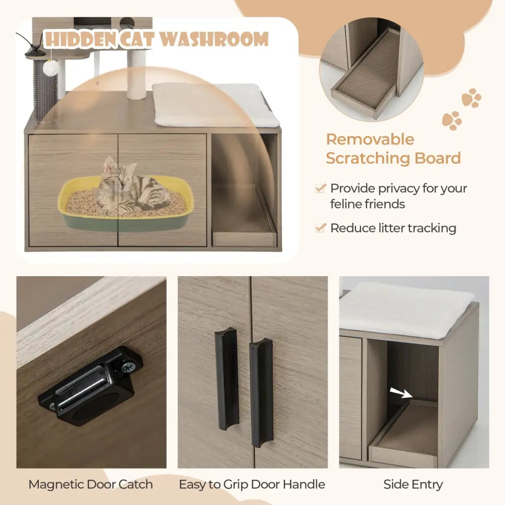 2-in-1 Modern Cat Tower with Litter Box Enclosure for Indoor Cars-Gray - Gray - Cat Trees Condos & Scratchers
