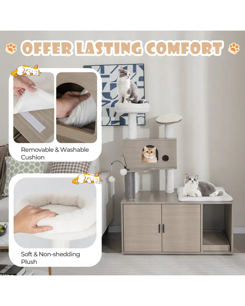 2-in-1 Modern Cat Tower with Litter Box Enclosure for Indoor Cars-Gray - Gray - Cat Trees Condos & Scratchers