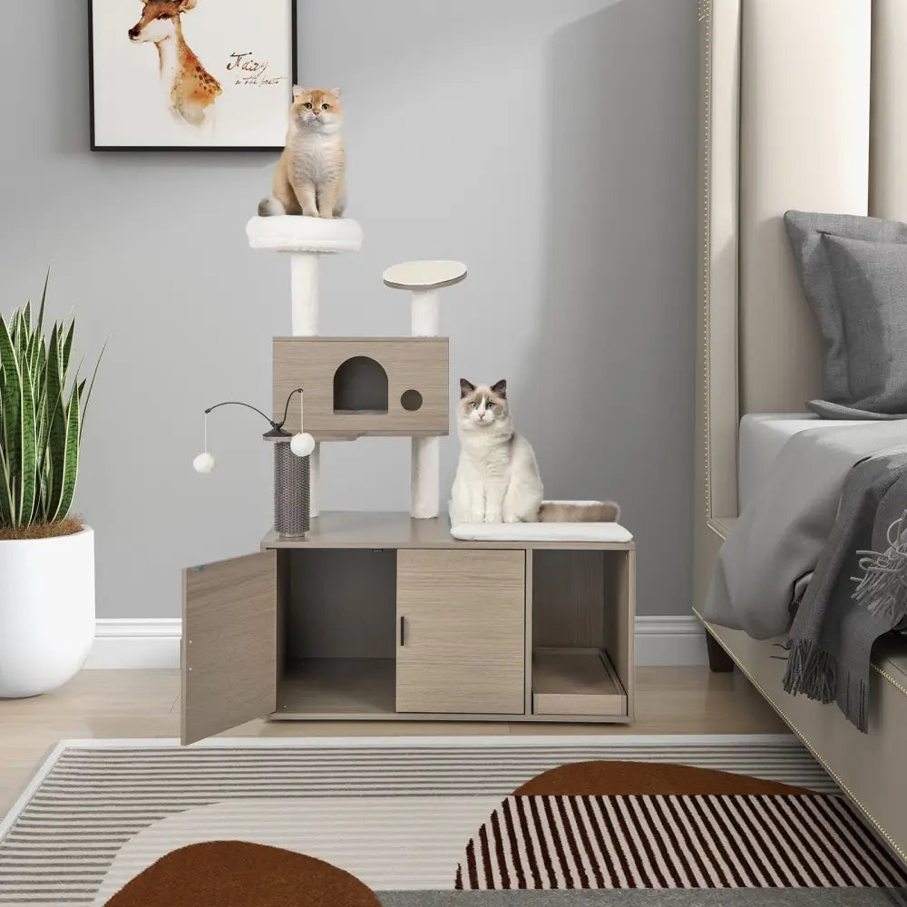 2-in-1 Modern Cat Tower with Litter Box Enclosure for Indoor Cars-Gray - Gray - Cat Trees Condos & Scratchers