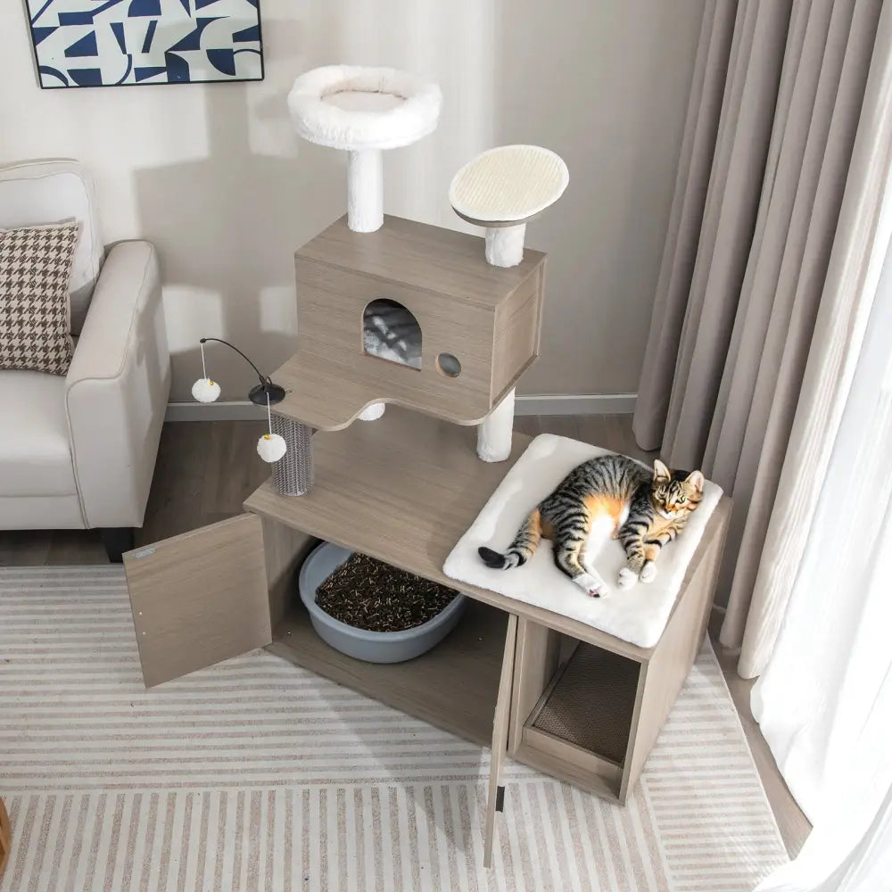 2-in-1 Modern Cat Tower with Litter Box Enclosure for Indoor Cars-Gray - Gray - Cat Trees Condos & Scratchers
