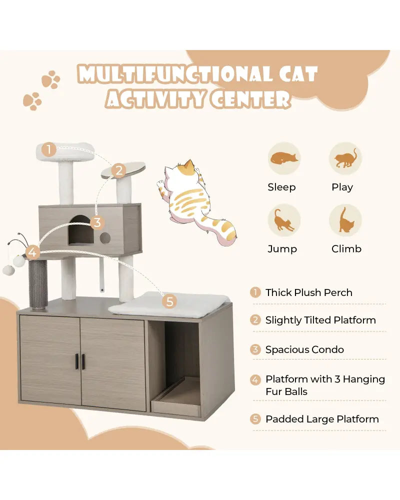 2-in-1 Modern Cat Tower with Litter Box Enclosure for Indoor Cars-Gray - Gray - Cat Trees Condos & Scratchers