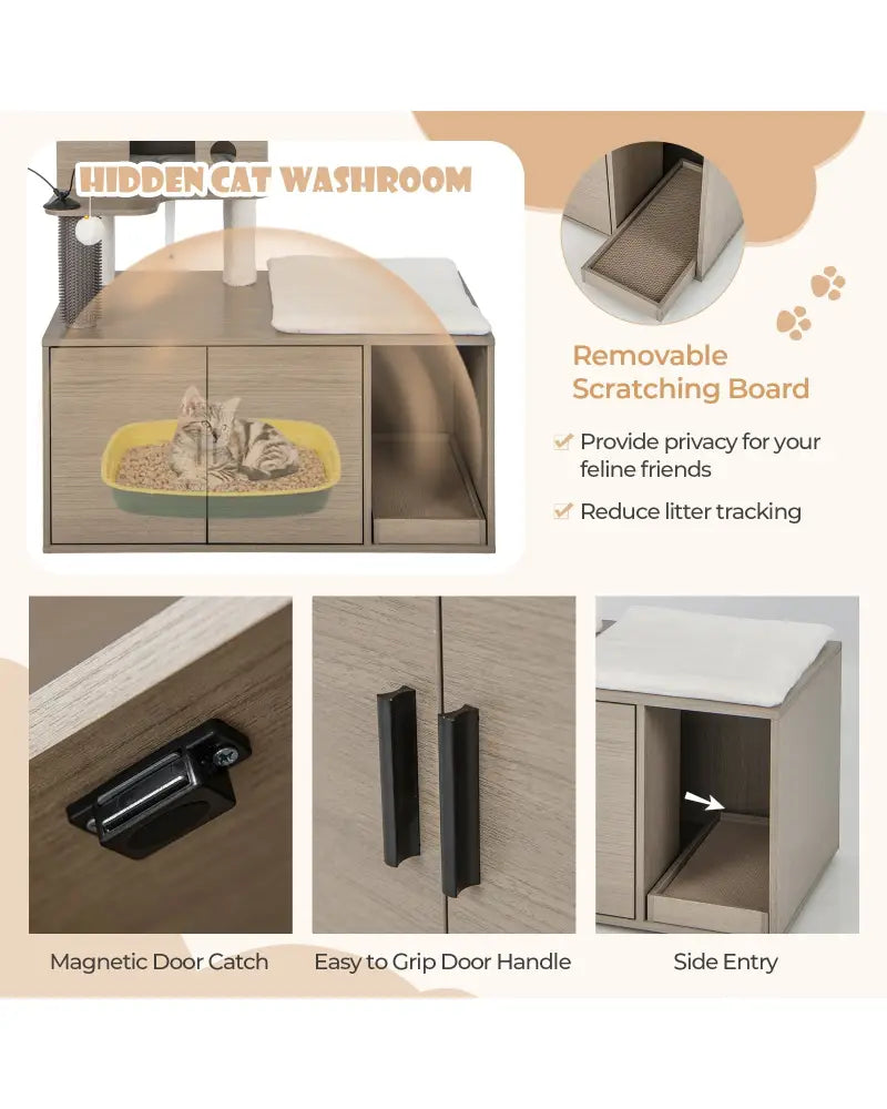 2-in-1 Modern Cat Tower with Litter Box Enclosure for Indoor Cars-Gray - Gray - Cat Trees Condos & Scratchers