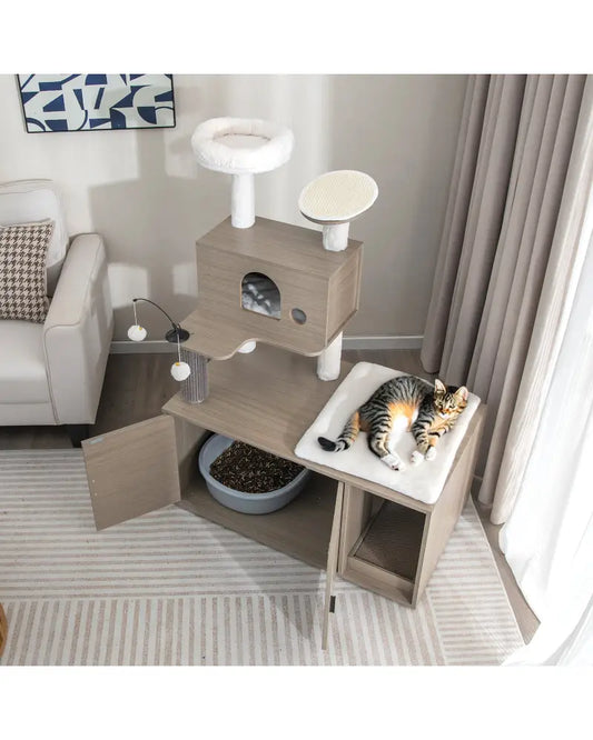 2-in-1 Modern Cat Tower with Litter Box Enclosure for Indoor Cars-Gray - Gray - Cat Trees Condos & Scratchers
