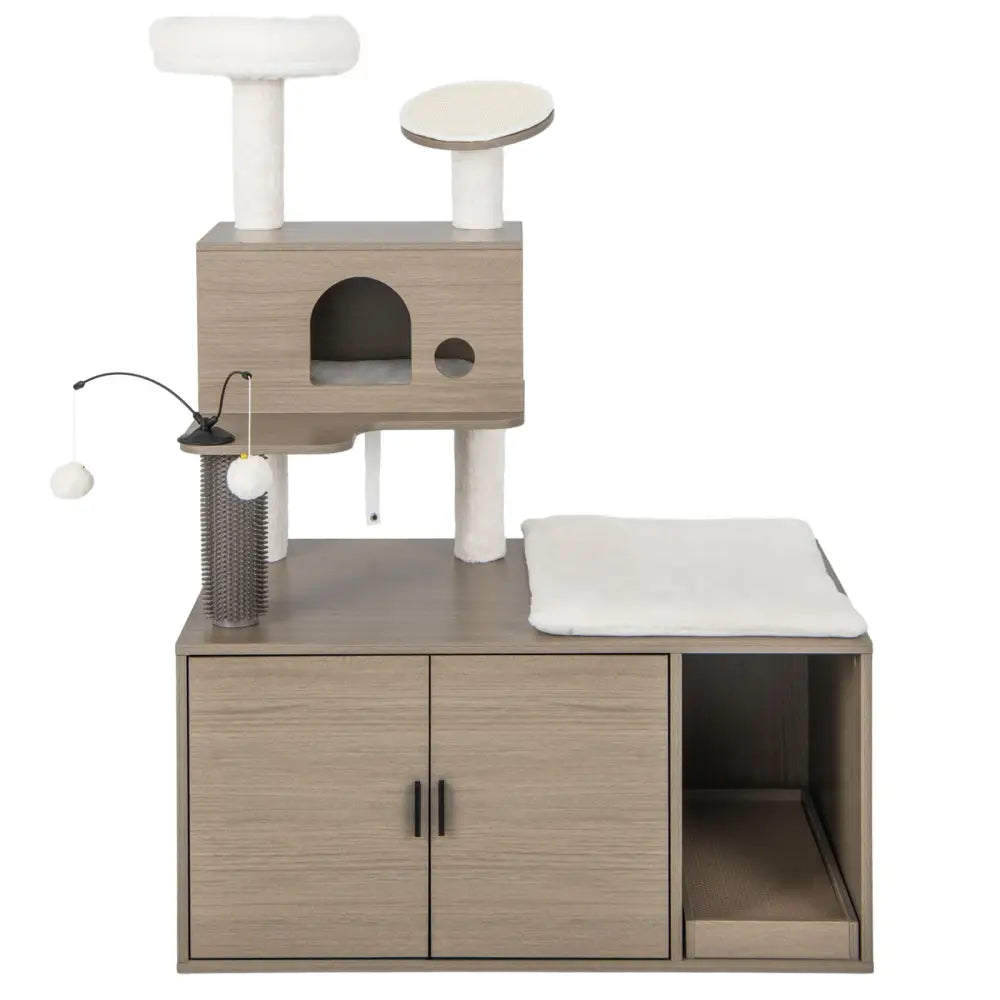 2-in-1 Modern Cat Tower with Litter Box Enclosure for Indoor Cars-Gray - Gray - Cat Trees Condos & Scratchers
