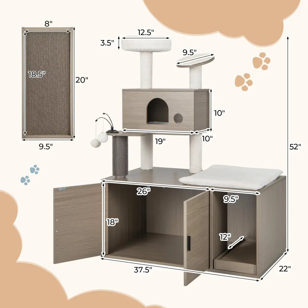 2-in-1 Modern Cat Tower with Litter Box Enclosure for Indoor Cars-Gray - Gray - Cat Trees Condos & Scratchers