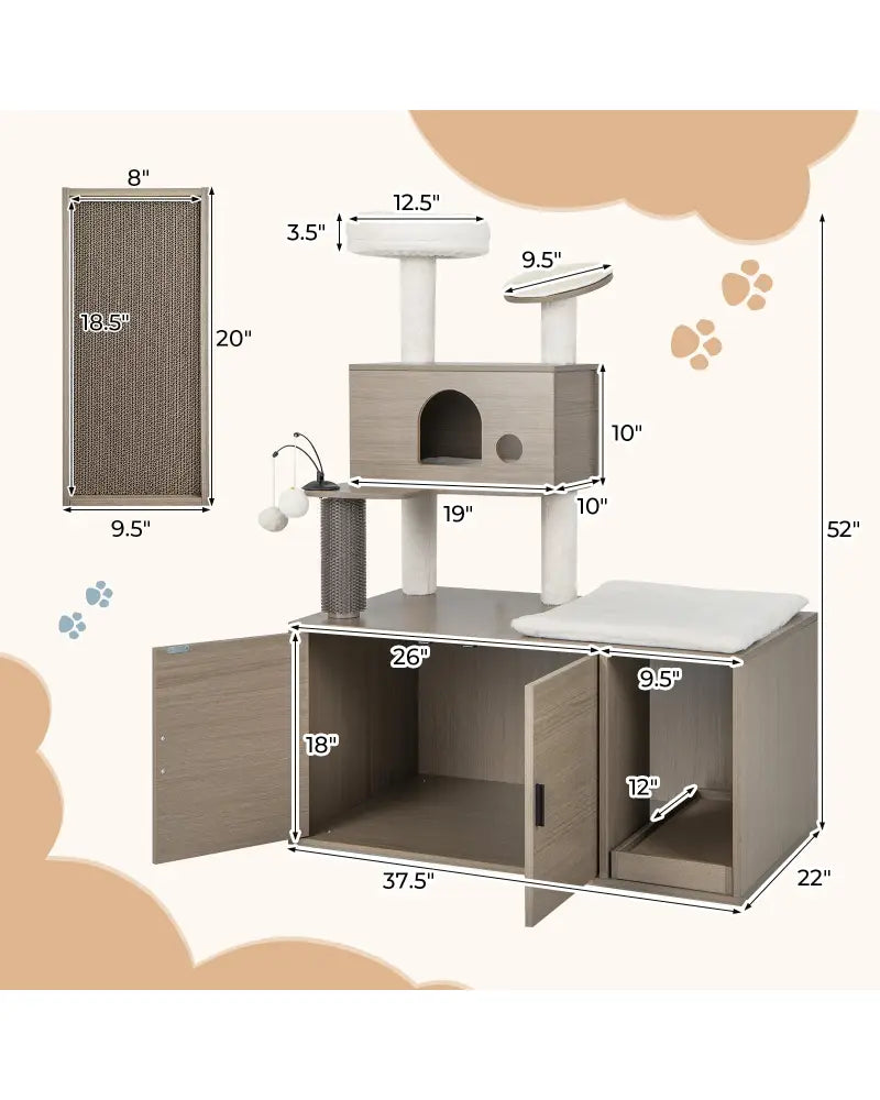 2-in-1 Modern Cat Tower with Litter Box Enclosure for Indoor Cars-Gray - Gray - Cat Trees Condos & Scratchers