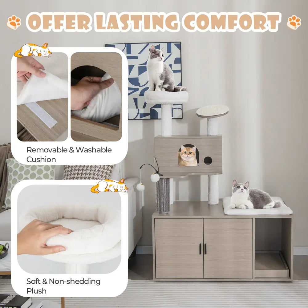 2-in-1 Modern Cat Tower with Litter Box Enclosure for Indoor Cars-Gray - Gray - Cat Trees Condos & Scratchers