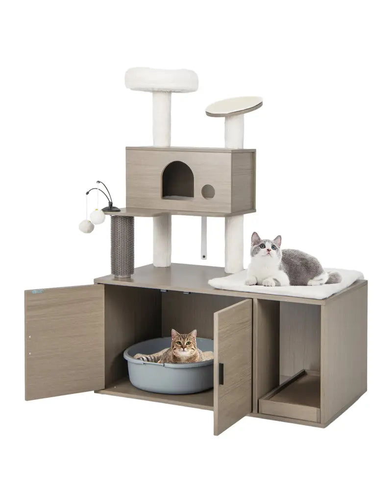2-in-1 Modern Cat Tower with Litter Box Enclosure for Indoor Cars-Gray - Gray - Cat Trees Condos & Scratchers