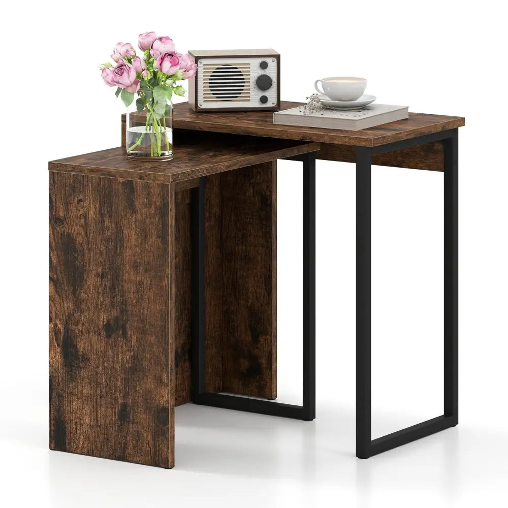 2-in-1 Nesting Coffee Table Set of 2 for Living Room and Bedroom-Rustic Brown Costway