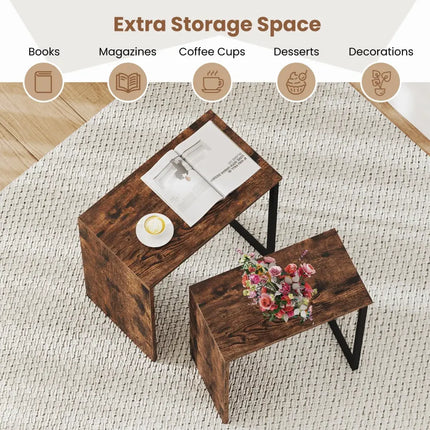 2-in-1 Nesting Coffee Table Set of 2 for Living Room and Bedroom-Rustic Brown Costway