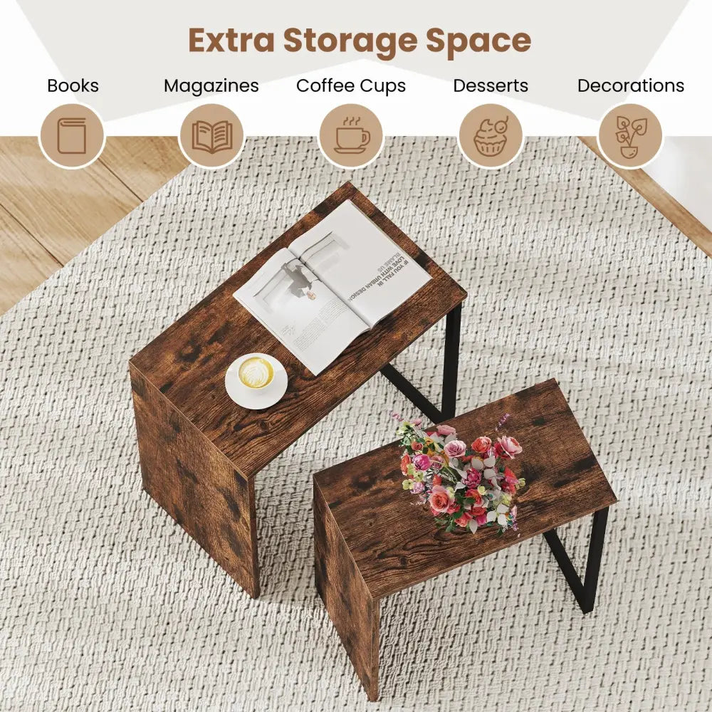 2-in-1 Nesting Coffee Table Set of 2 for Living Room and Bedroom-Rustic Brown Costway