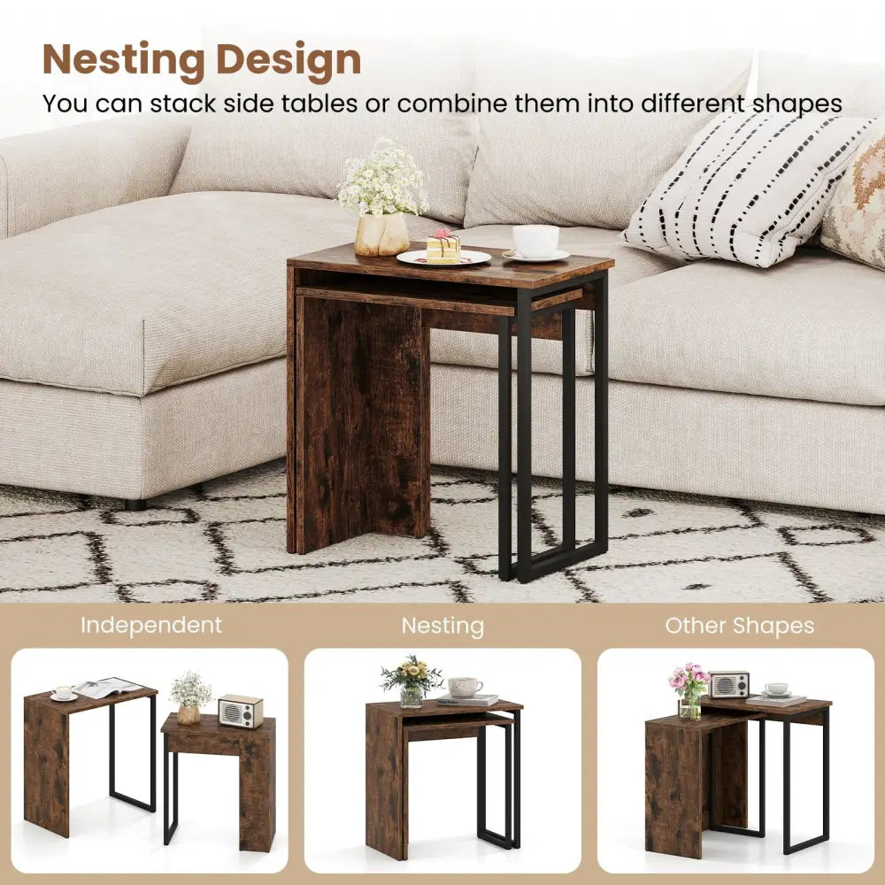 2-in-1 Nesting Coffee Table Set of 2 for Living Room and Bedroom-Rustic Brown Costway