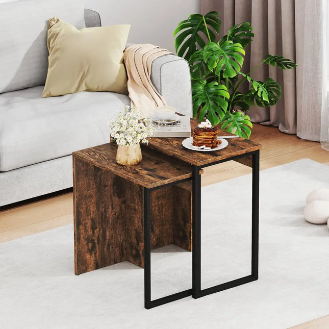 2-in-1 Nesting Coffee Table Set of 2 for Living Room and Bedroom-Rustic Brown Costway