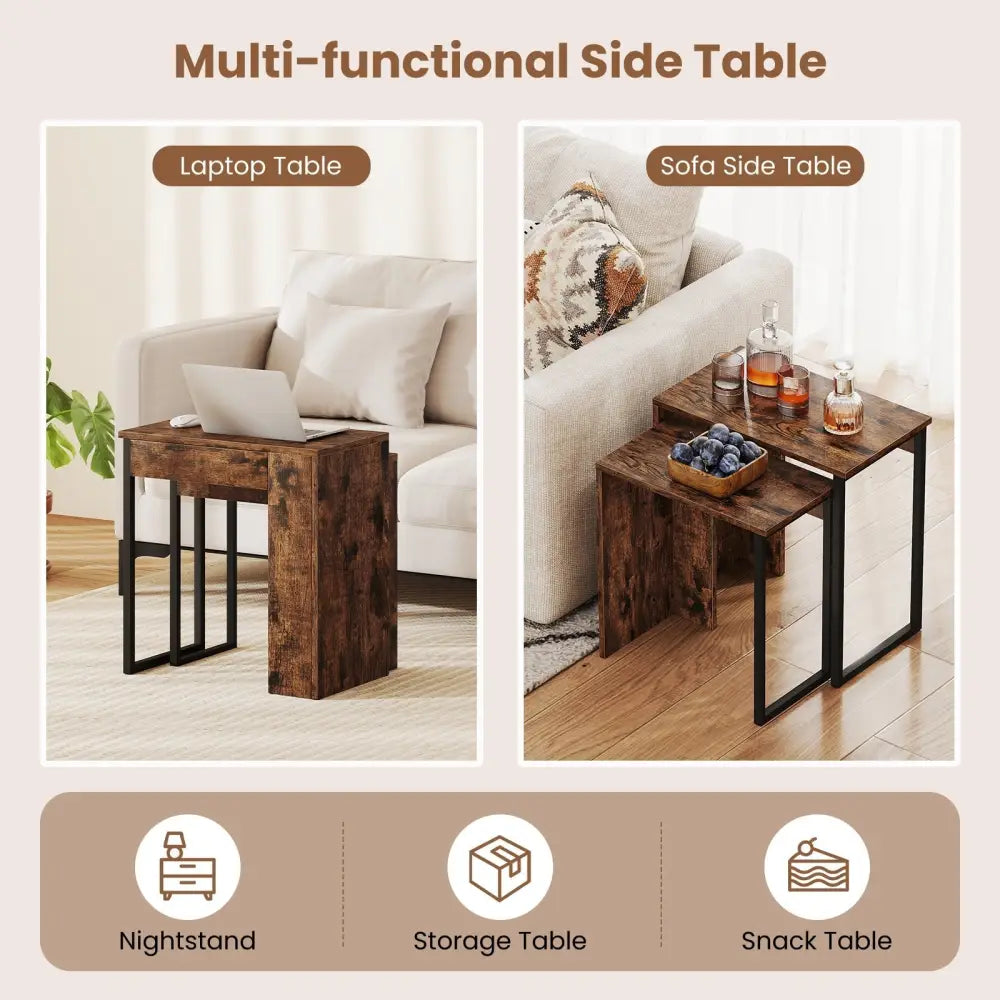 2-in-1 Nesting Coffee Table Set of 2 for Living Room and Bedroom-Rustic Brown Costway