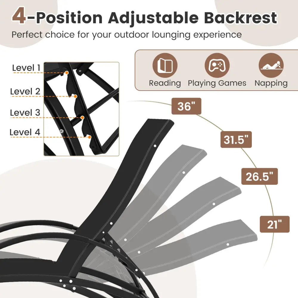 2-in-1 Outdoor Rocking Chair with 4-Position Adjustable Backrest for Patio Porch Poolside-Black - Black - Patio Rocking