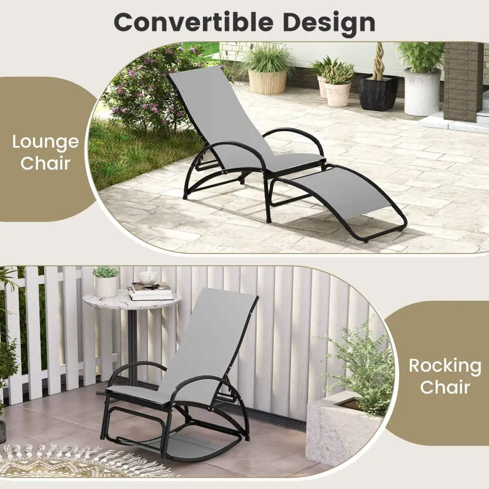 2-in-1 Outdoor Rocking Chair with 4-Position Adjustable Backrest for Patio Porch Poolside-Gray - Gray - Patio Rocking