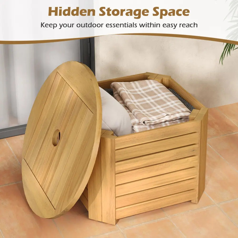 2-in-1 Outdoor Side Table with Storage Acacia Wood Slatted Coffee Table Square and Round Slatted End Storage Box