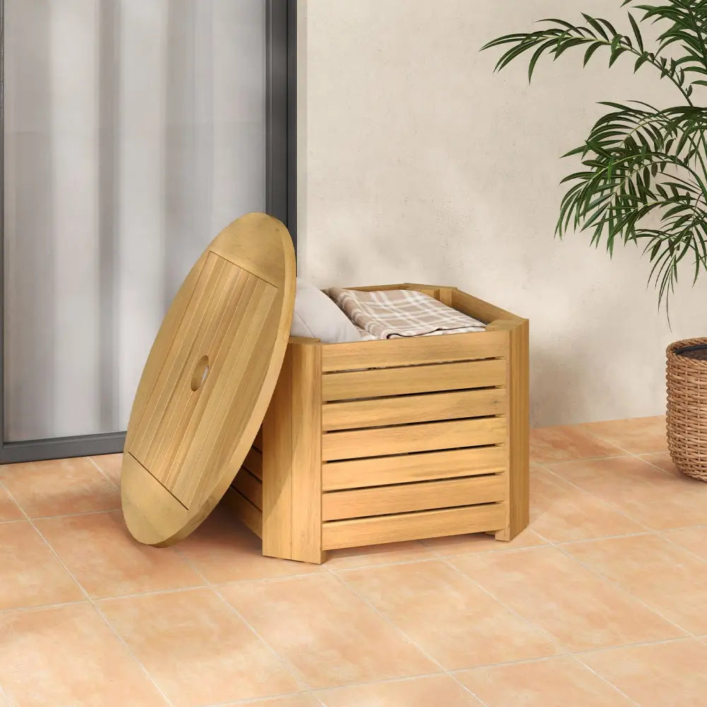 2-in-1 Outdoor Side Table with Storage Acacia Wood Slatted Coffee Table Square and Round Slatted End Storage Box