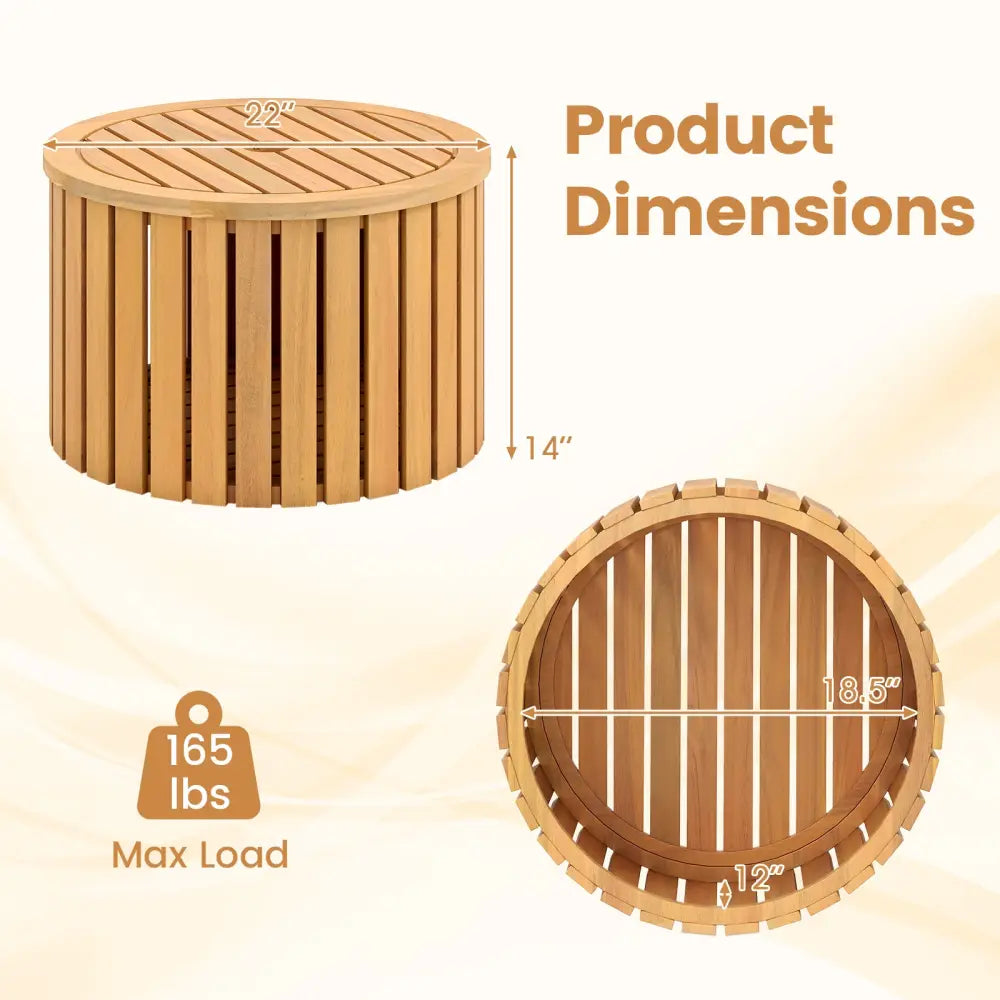 2-in-1 Outdoor Side Table with Storage Acacia Wood Slatted Coffee Table Round Slatted End Storage Box - Patio Coffee
