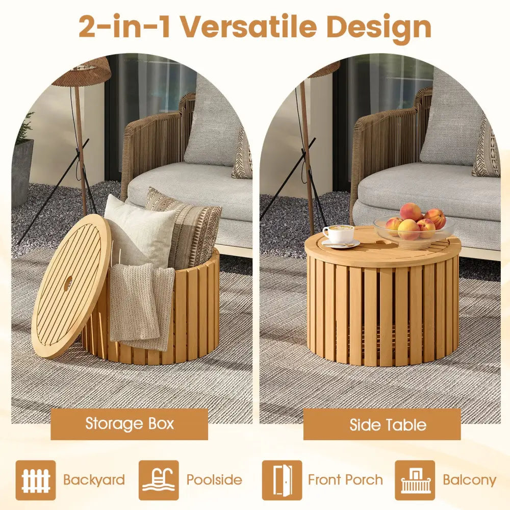2-in-1 Outdoor Side Table with Storage Acacia Wood Slatted Coffee Table Round Slatted End Storage Box - Patio Coffee