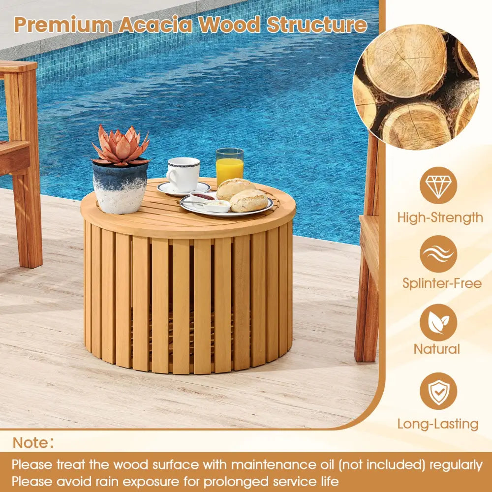 2-in-1 Outdoor Side Table with Storage Acacia Wood Slatted Coffee Table Round Slatted End Storage Box - Patio Coffee