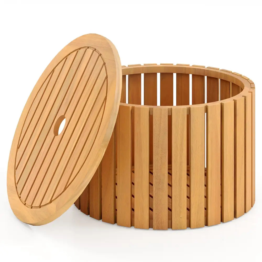 2-in-1 Outdoor Side Table with Storage Acacia Wood Slatted Coffee Table Round Slatted End Storage Box - Patio Coffee
