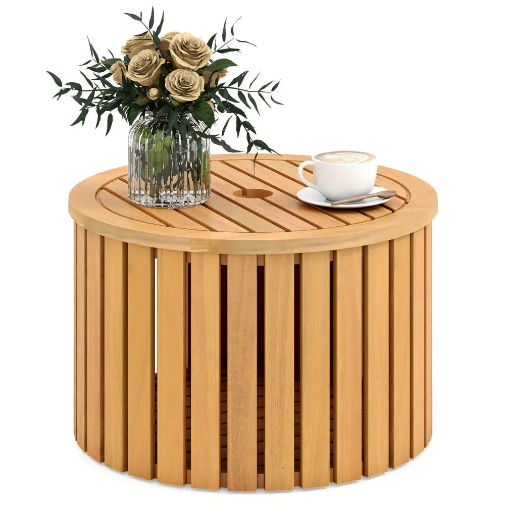 2-in-1 Outdoor Side Table with Storage Acacia Wood Slatted Coffee Table Round Slatted End Storage Box - Patio Coffee
