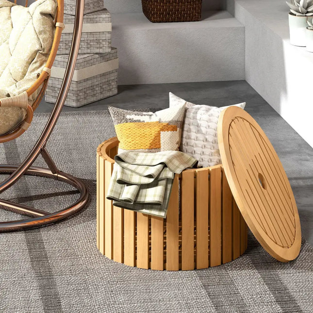 2-in-1 Outdoor Side Table with Storage Acacia Wood Slatted Coffee Table Round Slatted End Storage Box - Patio Coffee