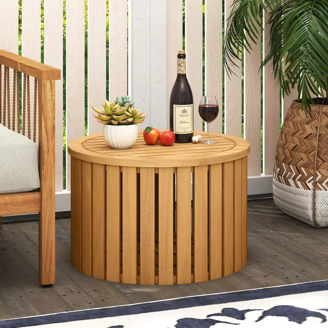 2-in-1 Outdoor Side Table with Storage Acacia Wood Slatted Coffee Table Round Slatted End Storage Box - Patio Coffee