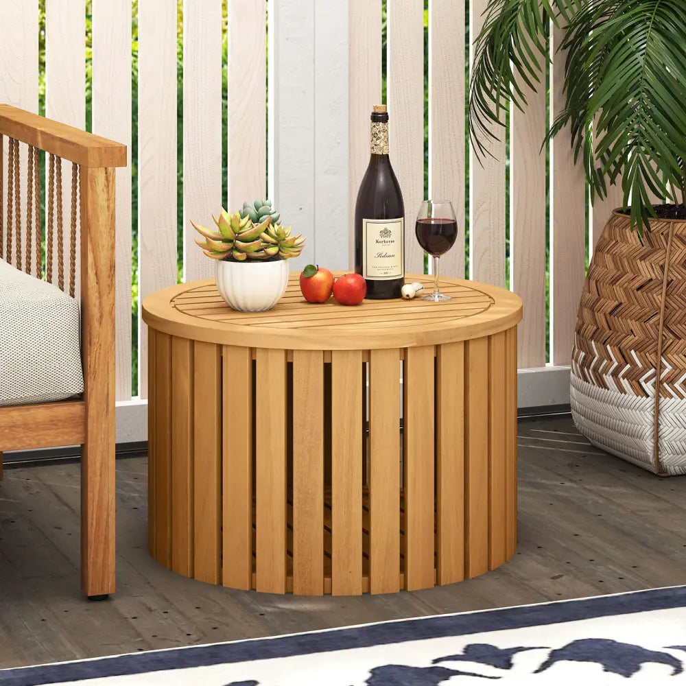 2-in-1 Outdoor Side Table with Storage Acacia Wood Slatted Coffee Table Round Slatted End Storage Box - Patio Coffee
