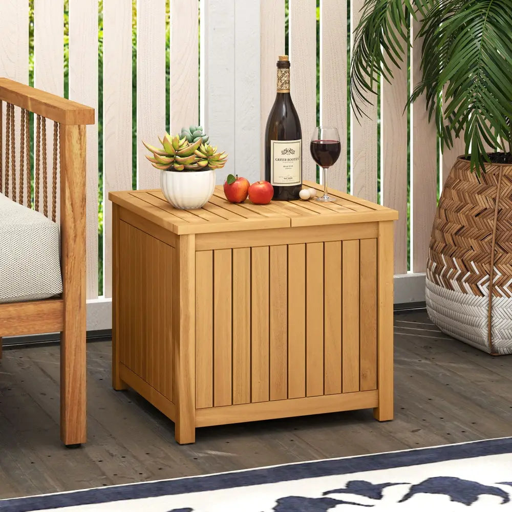 2-in-1 Outdoor Side Table with Storage Acacia Wood Slatted Coffee Table Square Slatted End Storage Box - Patio Coffee