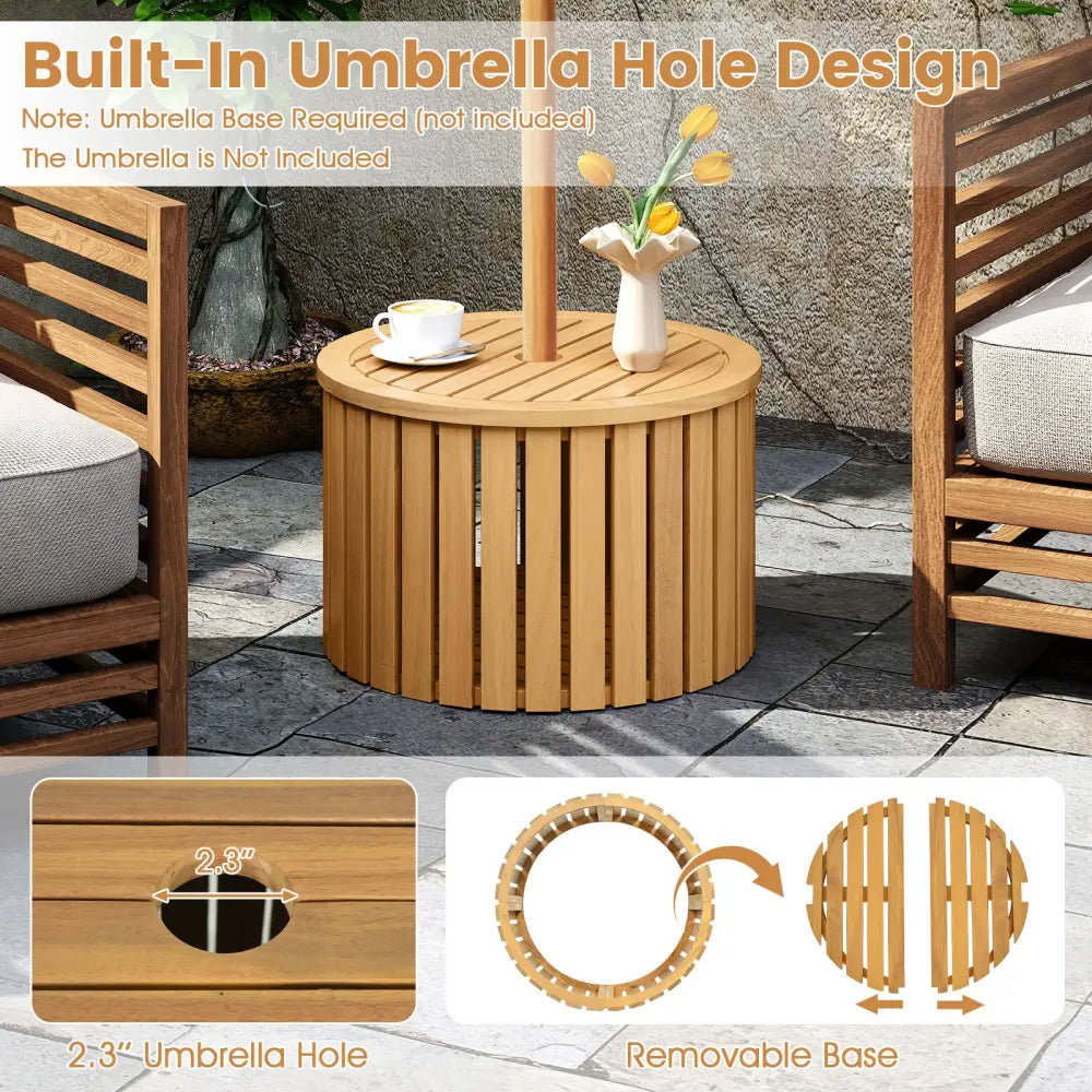 2-in-1 Outdoor Side Table with Storage Acacia Wood Slatted Coffee Table Round Slatted End Storage Box - Patio Coffee