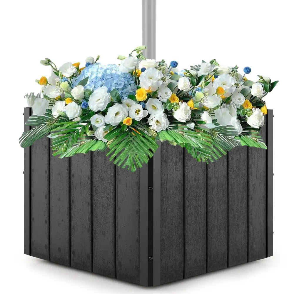 2-in-1 Outdoor Umbrella Base Planter Patio Umbrella Stand with Flower Box-Black - Black - Outdoor Umbrella Bases