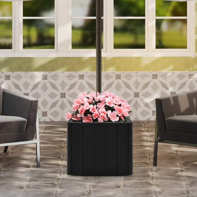 2-in-1 Outdoor Umbrella Base Planter Patio Umbrella Stand with Flower Box-Black - Black - Outdoor Umbrella Bases
