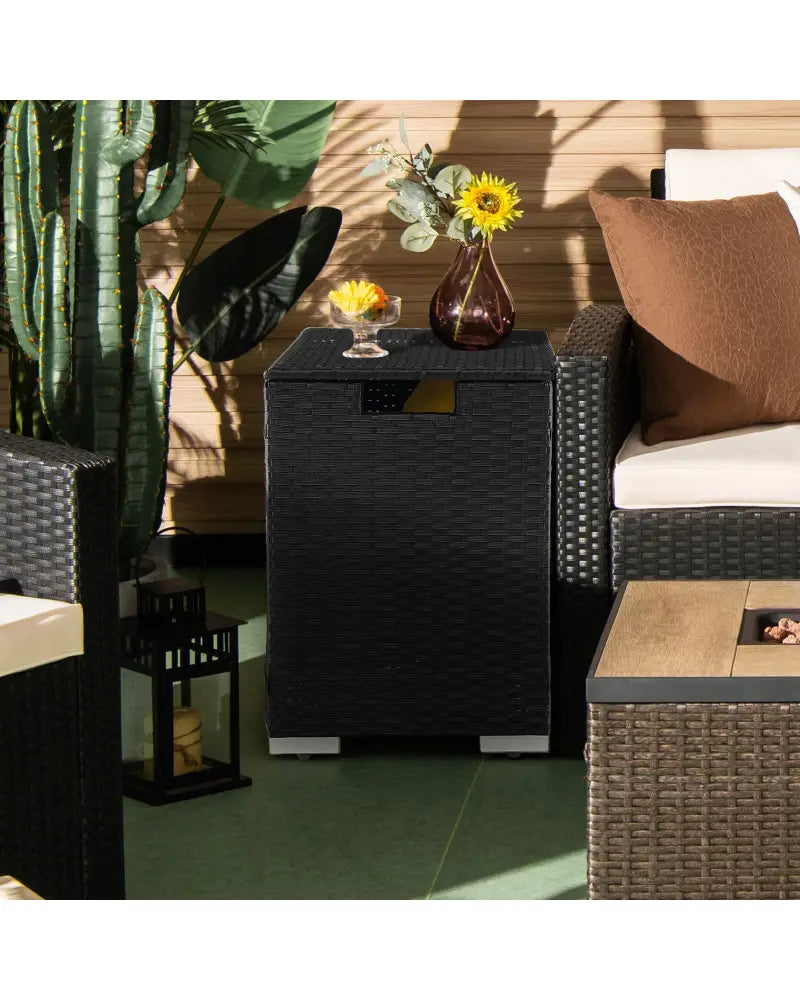 2-in-1 Patio Rattan Gas Propane Tank Cover for 20 lbs Propane Tanks-Black - Black - Outdoor Heating