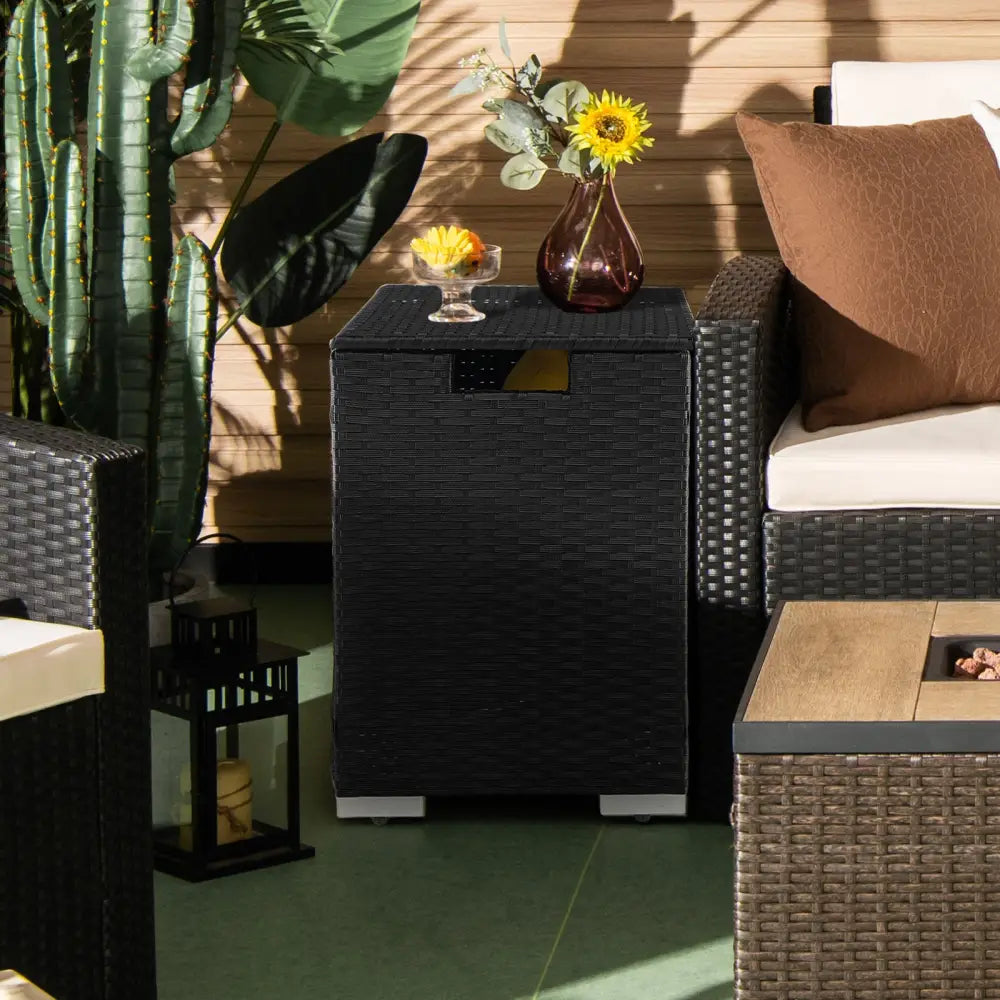 2-in-1 Patio Rattan Gas Propane Tank Cover for 20 lbs Propane Tanks-Black - Black - Outdoor Heating