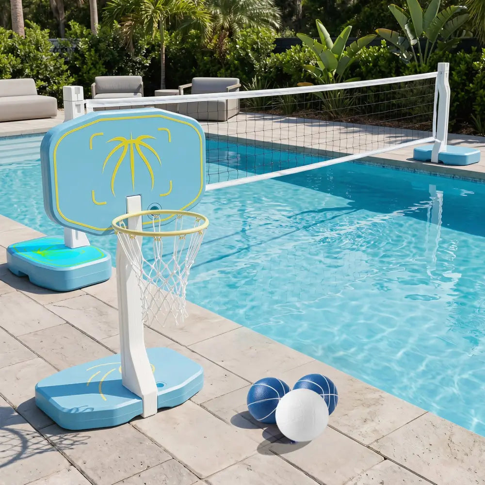 2-in-1 Pool Basketball Hoop and Pool Volleyball Net - Blue - Sport Equipments